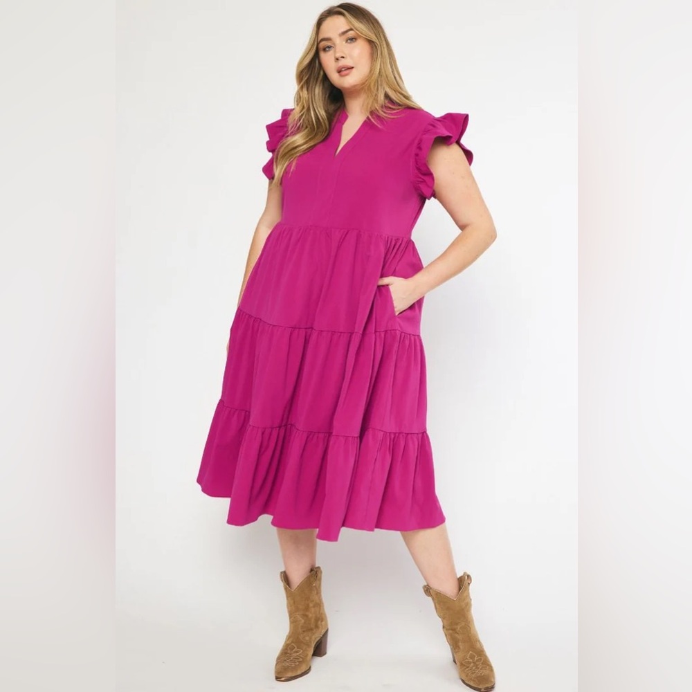 NWT Entro V-Neck Ruffle Sleeve Tiered Midi Dress with Pockets